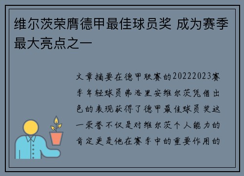维尔茨荣膺德甲最佳球员奖 成为赛季最大亮点之一